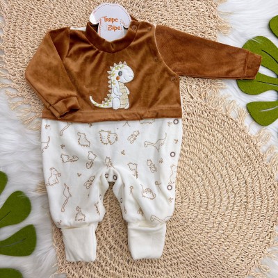 Macacão Dino Fofinho em Plush - Marrom e Off White